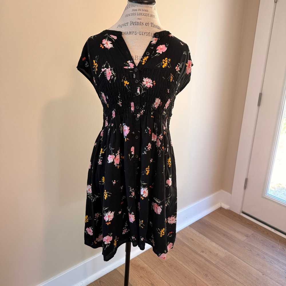 Free People Women's Black‎ Floral Greatest Day Smocked Mini Dress Size L